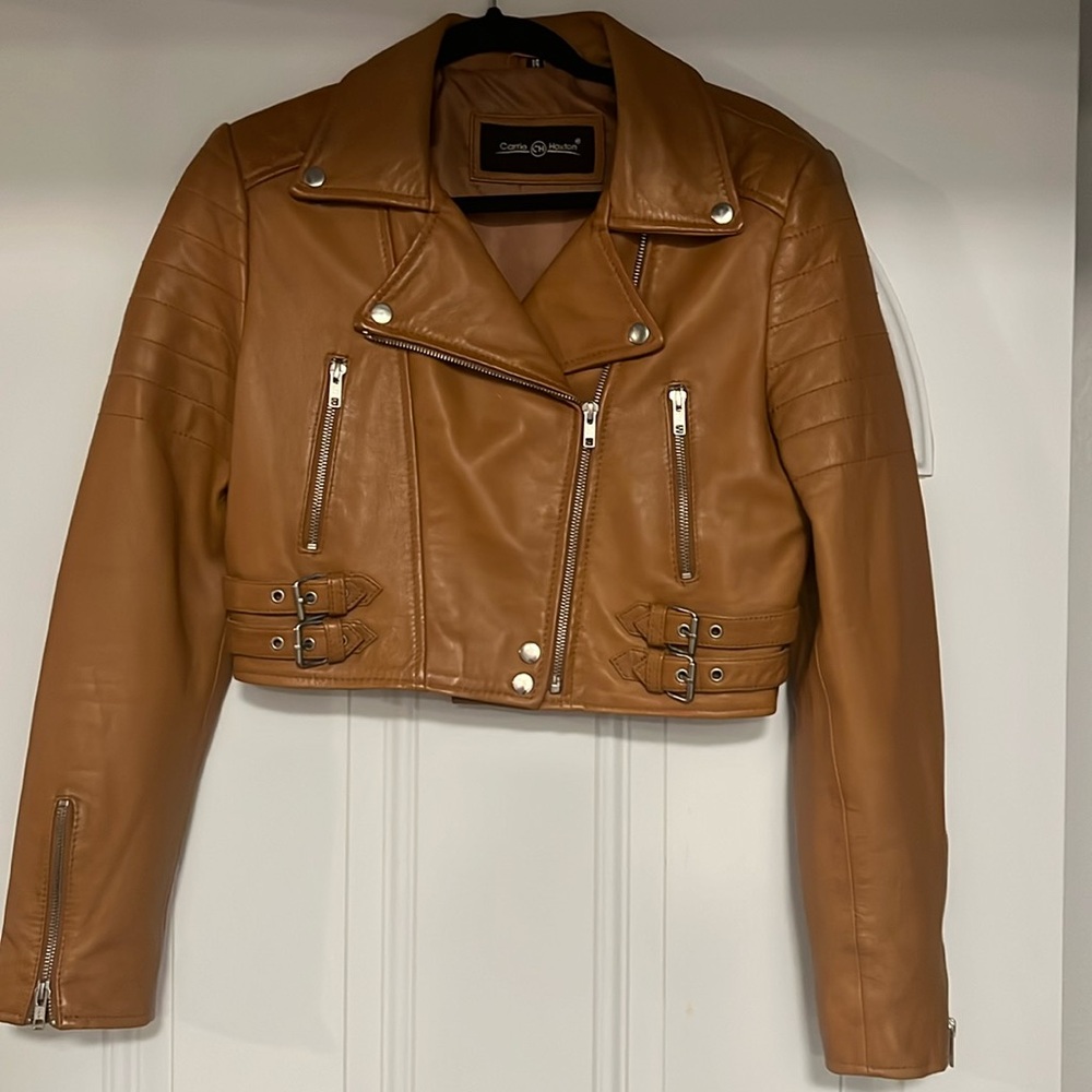 NEW Genuine Leather Ladies Jacket Brown Lambskin Slim Fit Short Body Biker